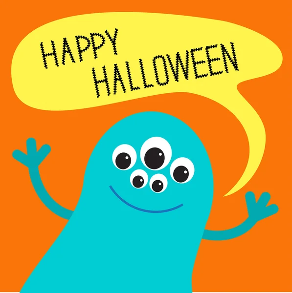Monstro azul bonito com bolha de texto de fala. Feliz cartão de Halloween . — Vetor de Stock