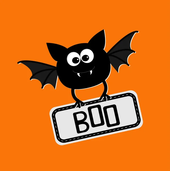 Roztomilý bat s deskou boo. Happy halloween karta — Stockový vektor