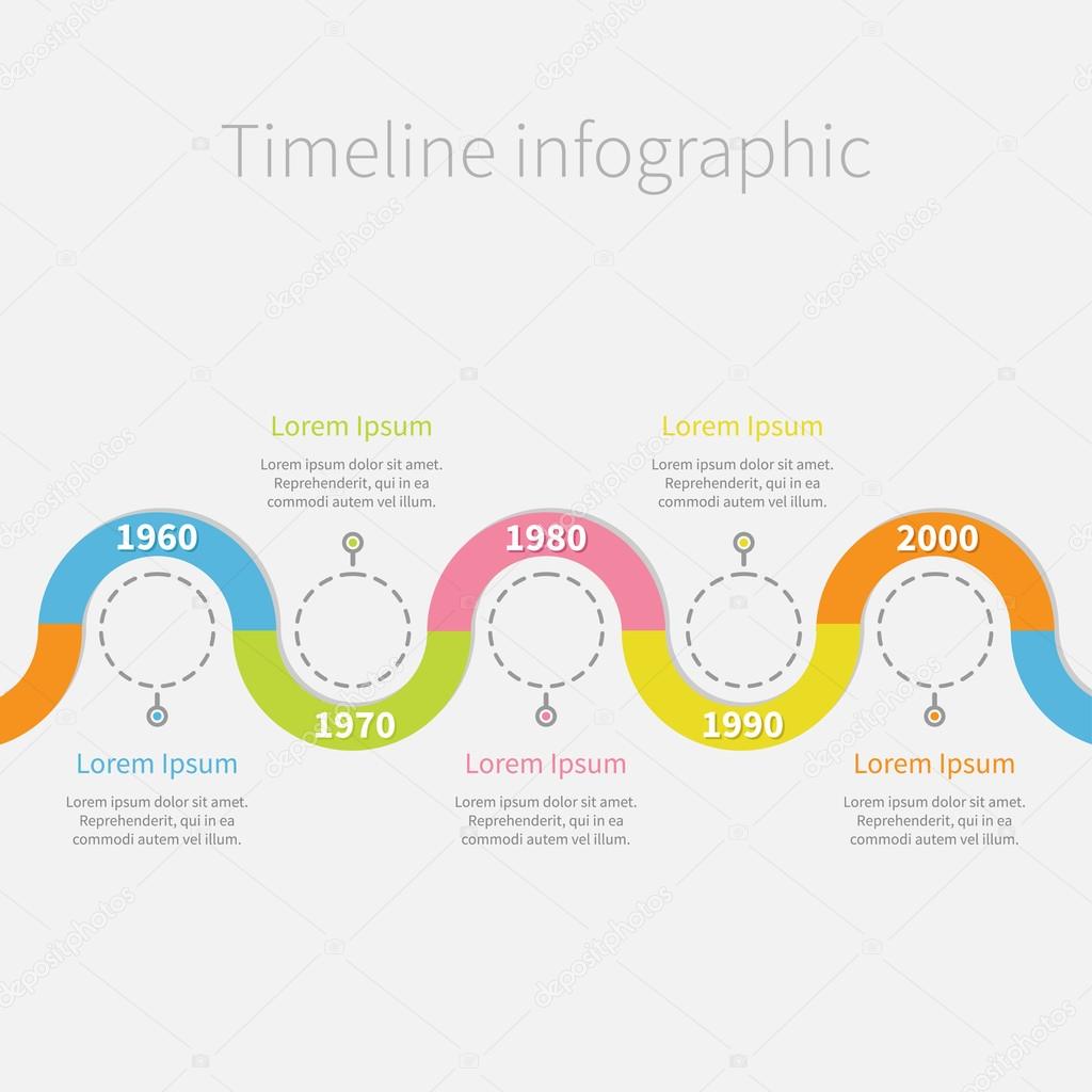 Timeline Infographic with snail colored ribbon, empty dash line circles and text