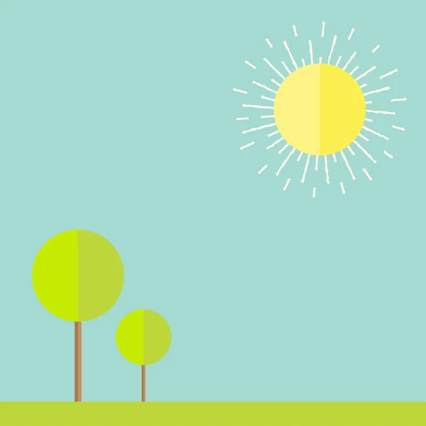 Sun, sky, tree, grass, bird. Summer landscape in flat design style. — Stock Vector