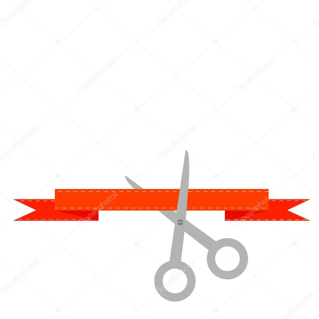 Scissors cut decorative red ribbon with dash line