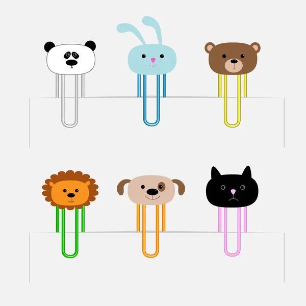 Grampos de papel com cabeças de animais. Panda, coelho, cão, gato, leão, urso — Vetor de Stock
