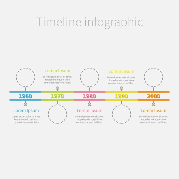 Chronologie Cercles de ligne de tiret infographiques et texte en couleur — Image vectorielle