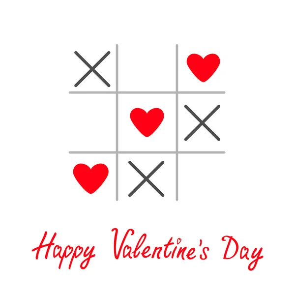 Tic tac toe juego con cruz y tres signos del corazón — Vector de stock