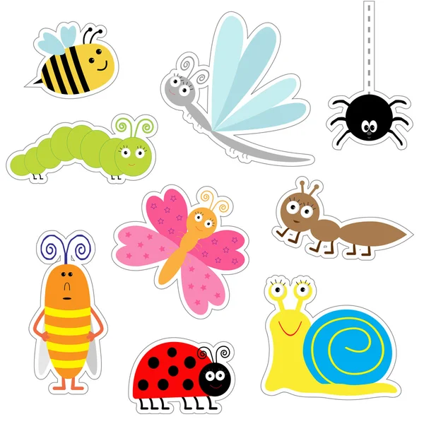 Lindo juego de pegatinas de insectos de dibujos animados — Vector de stock