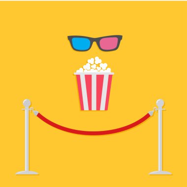 Kırmızı ip bariyer, 3d gözlük ve patlamış mısır