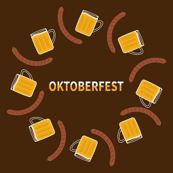 Oktoberfest bier mokken en worstjes — Stockvector