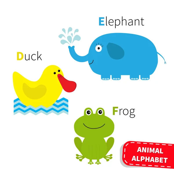 Písmeno D E F Zoo abeceda. Anglické abc s kartami zvířata vzdělání pro děti izolované bílé pozadí plochý design — Stockový vektor