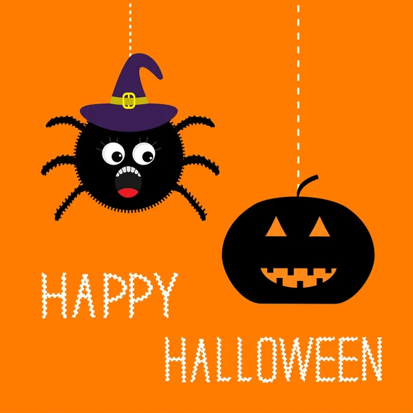 Araña colgante en sombrero de bruja y calabaza — Vector de stock