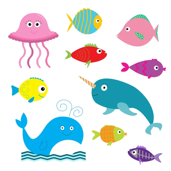 Fishes, jellyfish, narwhal, whale set — Stock Vector