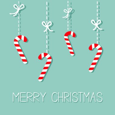 Merry Christmas Hanging Candy Canes. Dash line with bow. Flat design. Blue background.