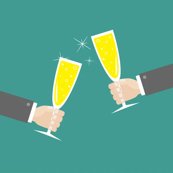 Hands holding champagne glasses with sparkles. — Stockvector