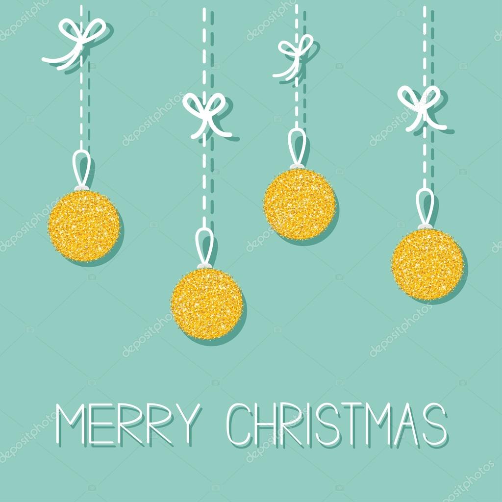 Hanging christmas balls Dash line with bows Gold glitter Merry Christmas greeting card Blue background Vector illustration — Wektor od worldofvector