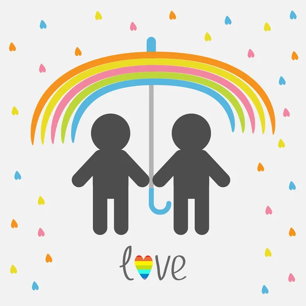 Parapluie arc-en-ciel, pluie du cœur. Mariage gay Symbole de fierté Deux silhouettes d'homme icône LGBT. L'amour. Style design plat . — Image vectorielle