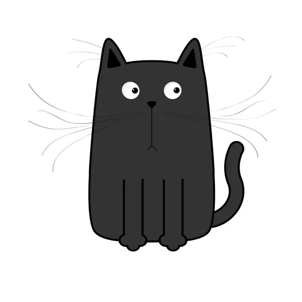 Schattig zwarte cartoon kat. Grote snor Bakkebaard. Grappig karakter. Platte ontwerp. Witte achtergrond. Geïsoleerd — Stockvector