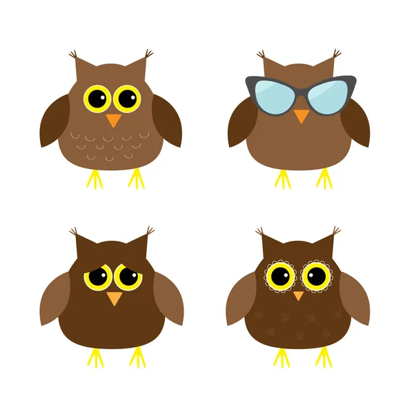 Cute owl set with big eyes and  sunglasses — Stock Vector