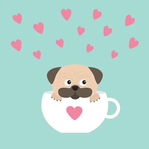 Pug dog en taza con corazones — Vector de stock