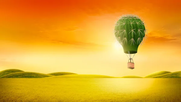 仙人掌形热气球 热气球漂浮在青山之上自然和天空的元素 旅游和旅行的概念 免版税图库照片