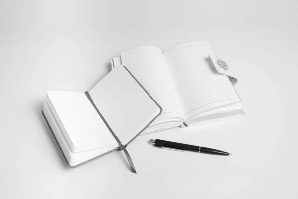 Відкриті Блокноти Ручка Створення Плану Білому Тлі — стокове фото