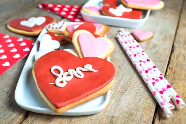 Biscotti Forma Cuore Fatti Mano Vecchio Tavolo Legno — Foto Stock