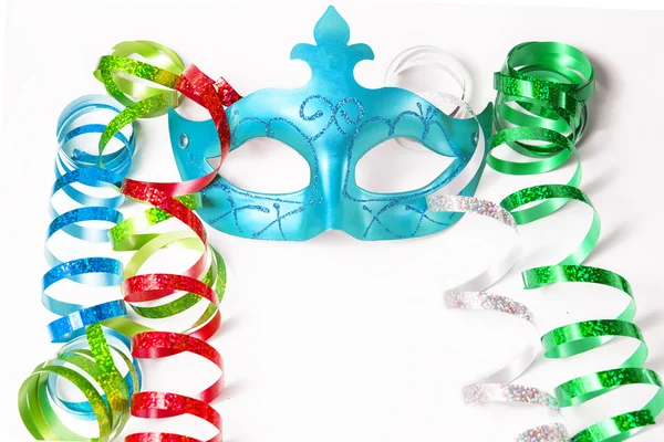 Carnival mask with colorful streamers on white background — Stock Photo, Image