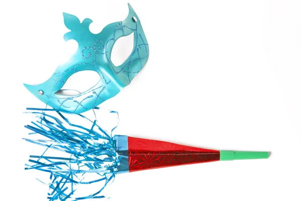 Carnival mask and blower on white background — Stock Photo, Image