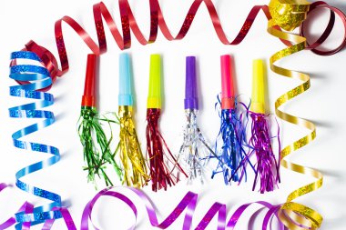 Party Horn Blower with colored streamers on white background clipart