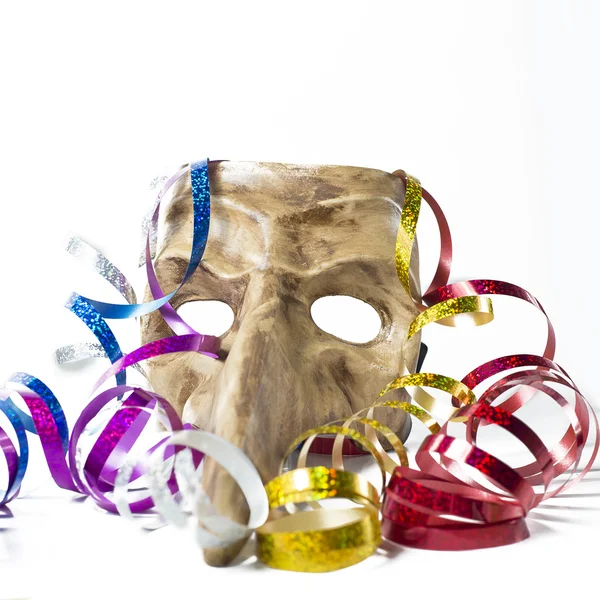 Carnival mask with colorful streamers on white background — Stock Photo, Image