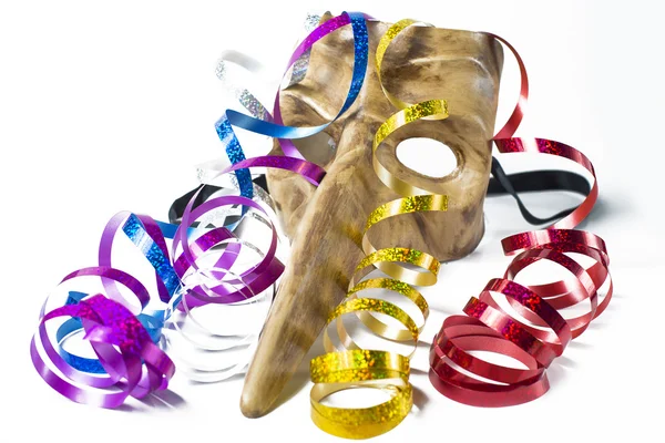 Carnival mask with colorful streamers on white background — Stock Photo, Image