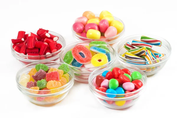 Group of candy in glass bowls — Stock Photo, Image