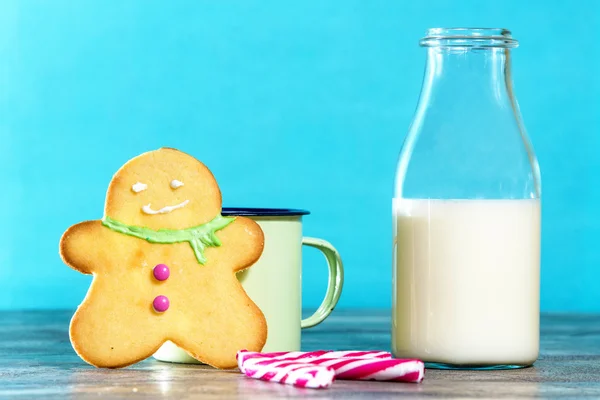 Gingerbread cookie and milk with blue background