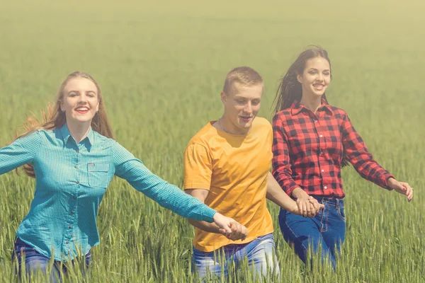 Giovani amici felici che corrono sul campo di grano verde — Foto Stock