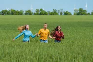 Yeşil buğday sahada çalışan genç happy Friends