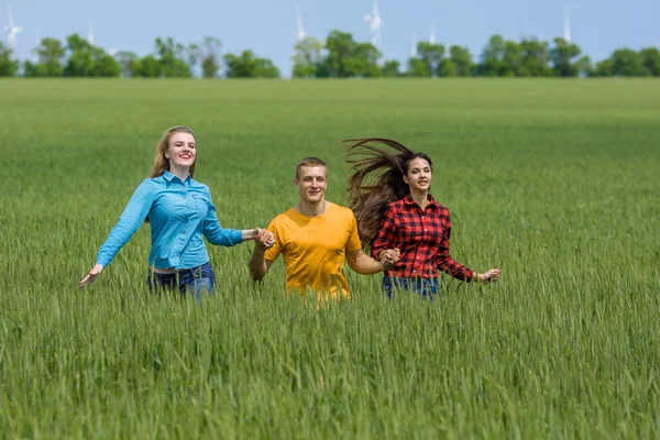 Junge glückliche Freunde laufen auf grünem Weizenfeld — Stockfoto