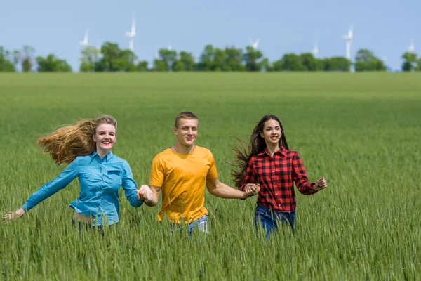 Giovani amici felici che corrono sul campo di grano verde — Foto Stock