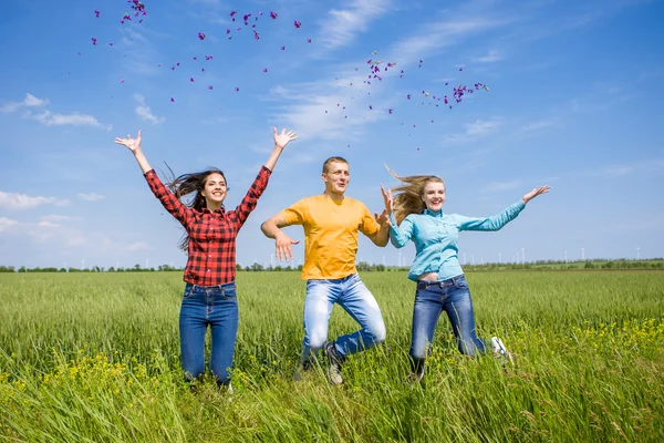Giovani amici felici che corrono sul campo di grano verde — Foto Stock