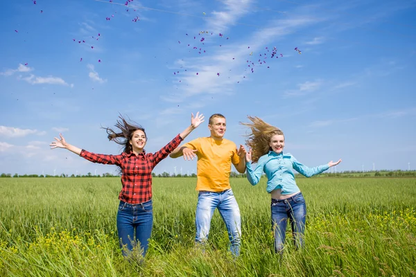 Mladí happy přátelé na zelené pšeničné pole — Stock fotografie