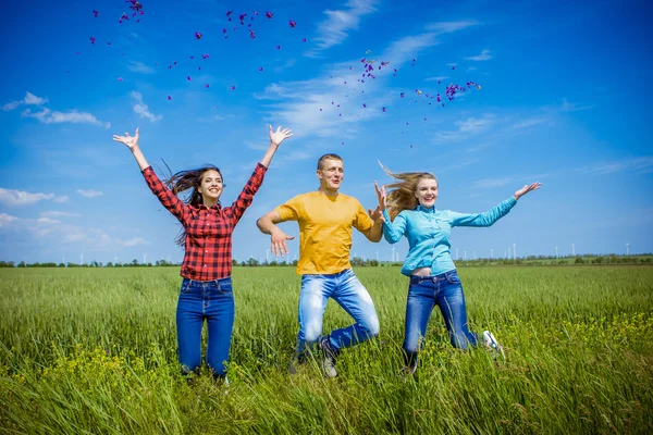 Giovani amici felici che corrono sul campo di grano verde — Foto Stock