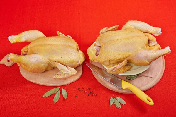 Two Raw Chicken Red Background Ingredients Delicious Lunch — Stock Photo, Image