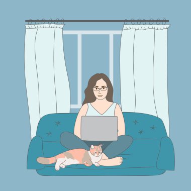 Evde dizüstü bilgisayarla oturan bir kız. Evde kediyle çalışıyor. vektör illüstrasyonu