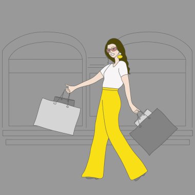 Mutlu kız alışverişlerle gider. Vektör illüstrasyonu