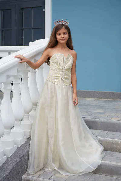 Счастливая Маленькая Девочка Красивом Платье Короной Голове — стоковое фото