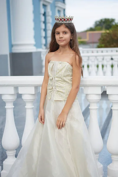 Menina Feliz Vestido Bonito Com Uma Coroa Cabeça — Fotografia de Stock