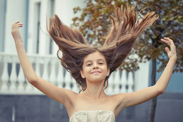Happy Little Girl Beautiful Dress Positive Human Emotions Feelings — Stock Photo, Image