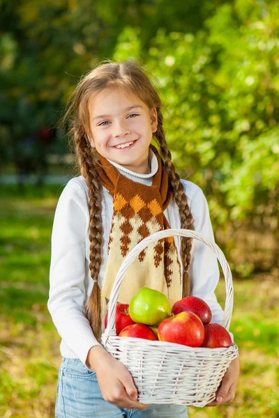 Kleines Mädchen mit einem Korb voller Äpfel — Stockfoto