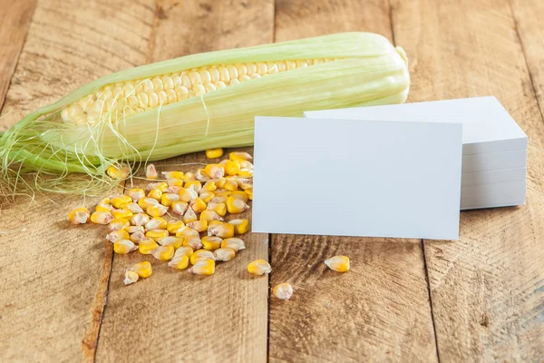 Foto de tarjetas de visita con maíz — Foto de Stock
