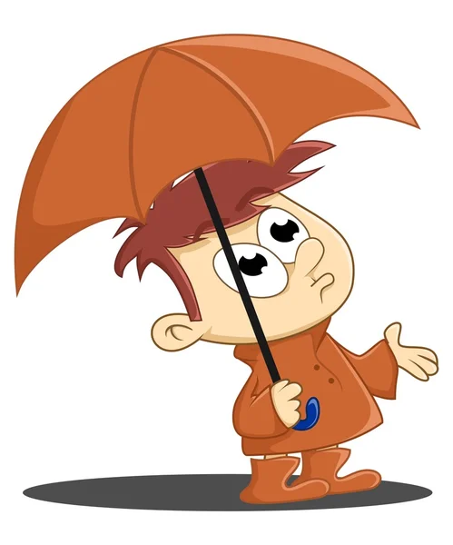 Seorang anak mengenakan jas hujan dan payung — Stok Foto