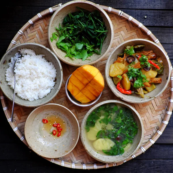 Vista Superior Refeição Diária Vietnamita Para Almoço Bandeja Prato Arroz — Fotografia de Stock