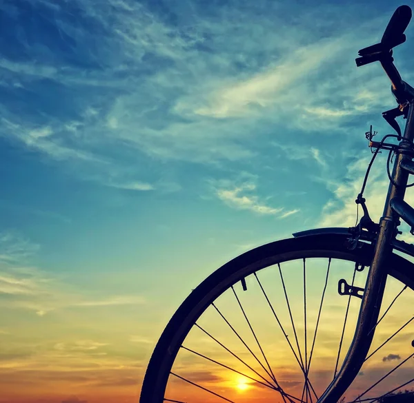Gyönyörű kerékpáros sziluett, naplemente, vietnam vidéken — Stock Fotó