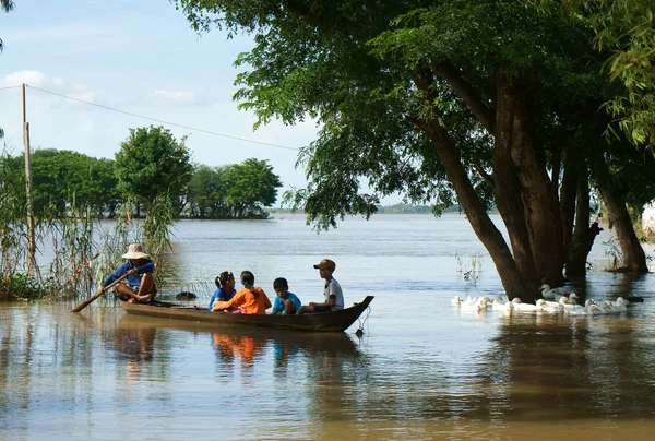 Kind, roeiboot, eend, Vietnamese platteland — Stockfoto